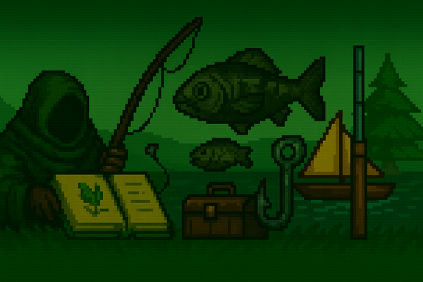Pixel art of fishing gear, fish, and a hooded figure by a lake—RavenQuest beginner fishing guide cover image.