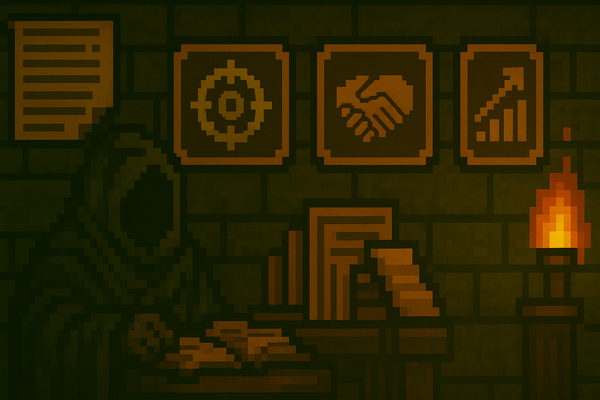 Pixel art banner showing a fantasy adventurer studying guides and symbols on a dungeon wall, representing advanced tips for new RavenQuest MMORPG players.