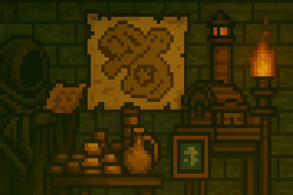 Pixel art banner depicting a treasure-filled dungeon chamber from RavenQuest’s Harbor Island, symbolizing Pirate Earring quests, dungeon challenges, and lore-filled progression paths.
