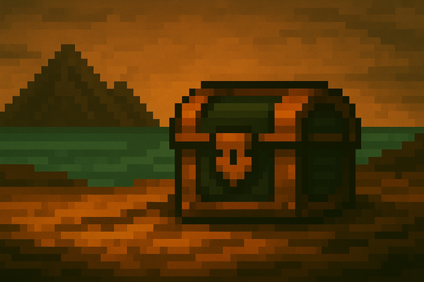 A pixel art banner for RavenQuest.tools showcasing a treasure chest representing Lost Shipments on Sajecho Island, used in the RavenQuest Sajecho Journal guide