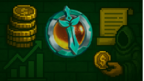 Pixel art collage representing RavenQuest $QUEST tokenomics, featuring the $QUEST token icon, a stack of gold coins, an upward trending bar chart, a scroll, and a hooded figure holding a coin