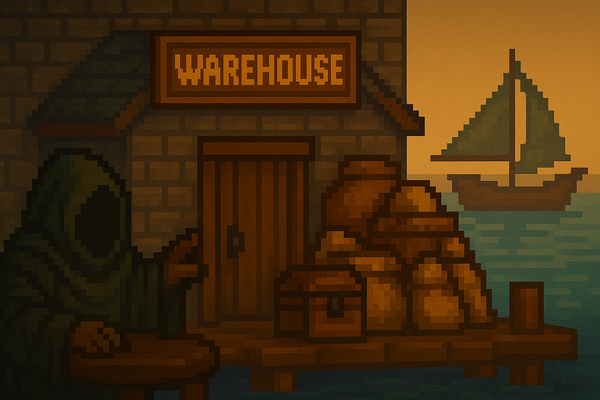 Pixel art of a dockside warehouse with tradepacks, a ship, and a hooded figure in RavenQuest trading scene.