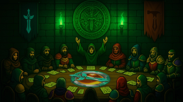 Um conselho de figuras encapuzadas em pixel art está reunido ao redor de uma Mesa Redonda numa sala medieval escura, discutindo com o símbolo do token $QUEST sobre a mesa.