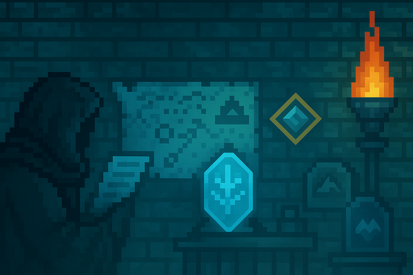 Pixel art of a hooded figure reading a map in a dark room lit by a magical blue flame and glowing Frozen Sigil, themed around RavenQuest Glaceforde.