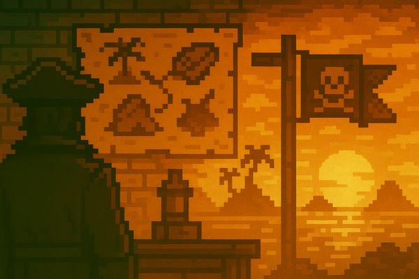 Pixel art of a cloaked pirate navigating a treasure map near a mysterious dock, representing RavenQuest’s Pirate Isles Journal.