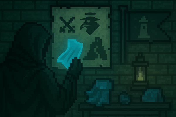 Pixel art of a cloaked RavenQuest character examining an Ethereal Veil in Zephyr Vale, with a map and lantern-lit stone wall in the background.