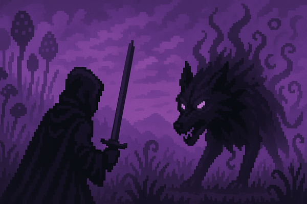 RavenQuest Rift depiction, a hooded figure holds a sword (left) as they prepare to fight a Shadow Wolf (right)