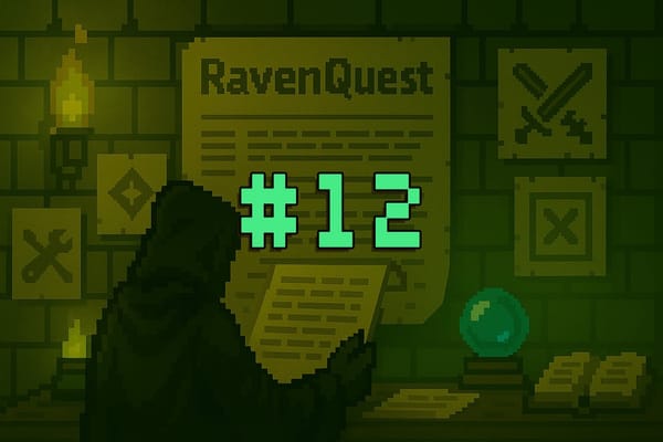 RavenQuest Week 12 Recap banner with pixel art hooded figure reading update scroll, featuring icons for combat, tools, and magic.