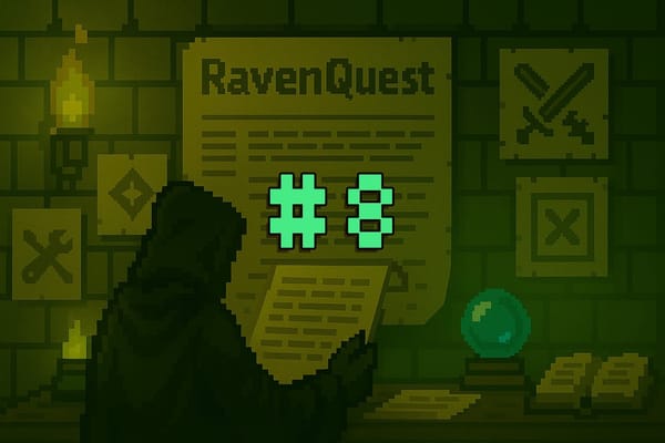 RavenQuest Week 8 Recap banner with pixel art hooded figure reading update scroll, featuring icons for combat, tools, and magic.